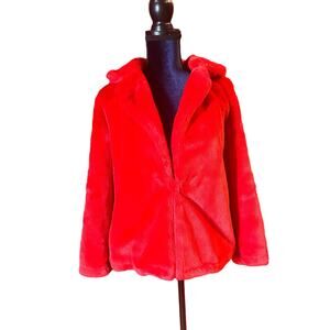 Melissa Paige Womens Red Fuzzy Fleece Jacket Collar One hook Closure Soft Small